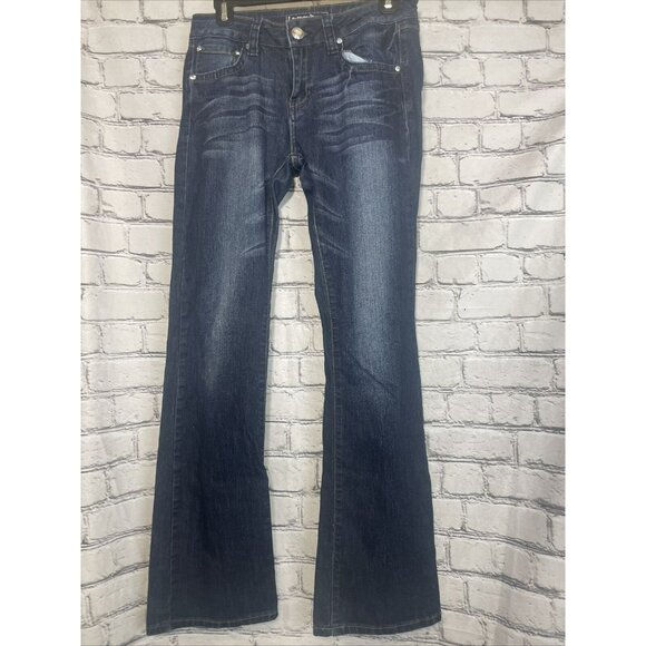 Premium Love Culture Jeans Juniors Size 7 Blue Dark Wash Denim Bling Bell Bottom - Picture 1 of 9